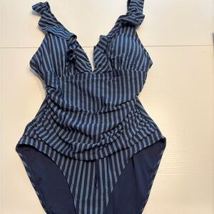 Ellen Tracy Navy and Light Blue Striped One-Piece